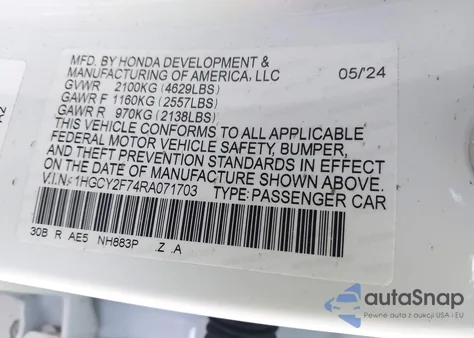 2024 Honda Accord Hybrid Sport-L from USA, damaged, VIN 1HGCY2F74RA071703